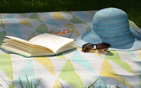 Picknickdecke mit aufgeschlagenem Buch, Sonnenhut und Sonnenbrille